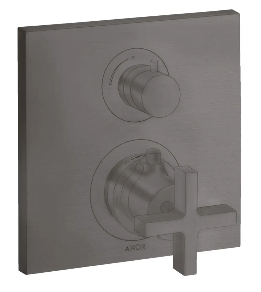Thermostat mit zwei Reglern und Kreuzgriff in gebürstetem Schwarzchrom, montiert auf quadratischer Platte, Marke AXOR.